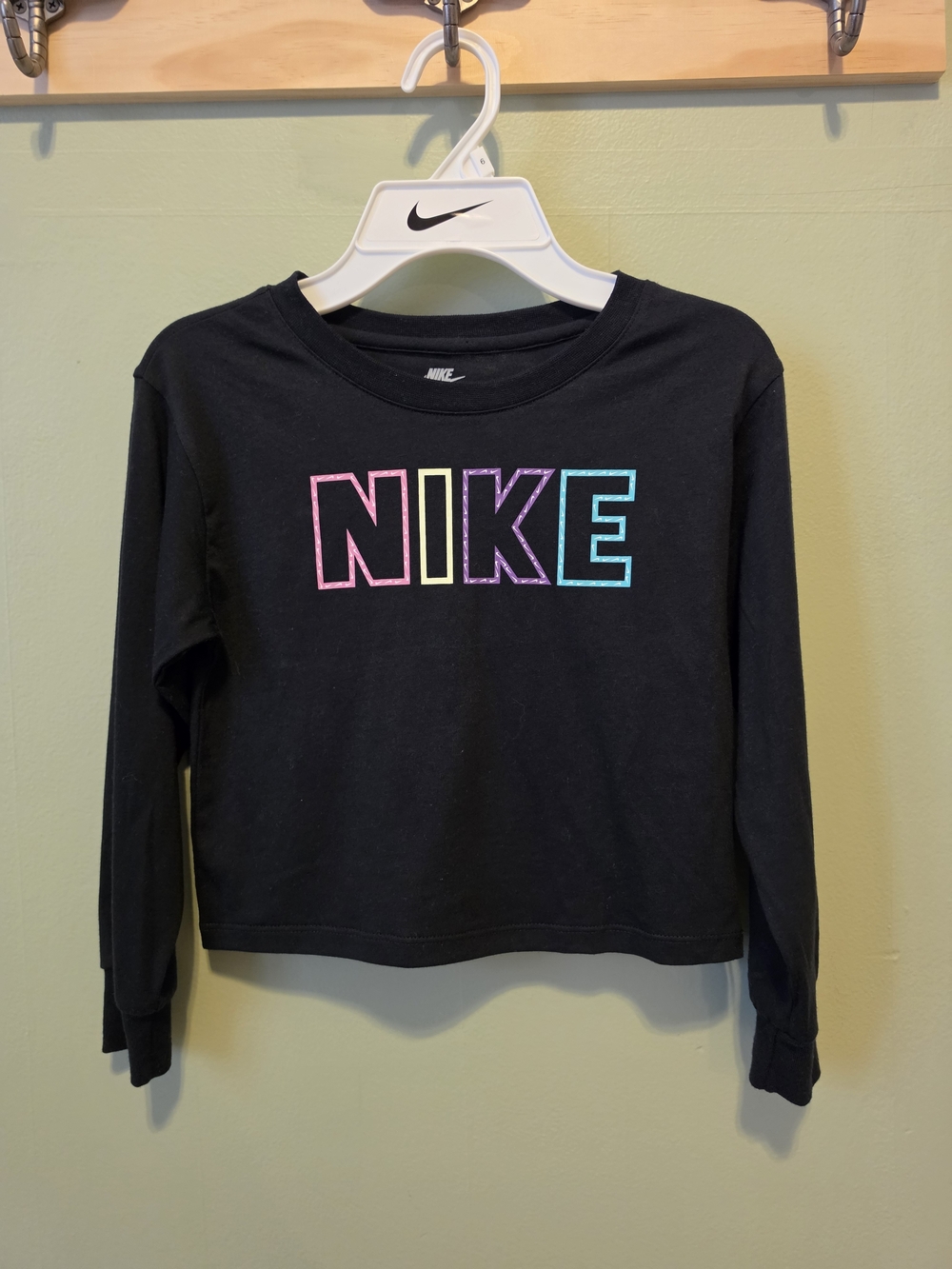 Nike Black Long-Sleeve Tee with Pink, Yellow, Purple & Blue NIKE Lettering